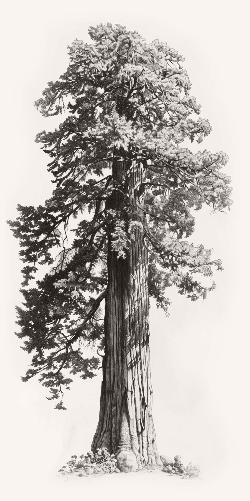 Pencil sketch of a coastal redwood tree, the tallest tree in the world.